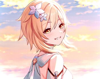 1girl bare_shoulders blonde_hair cloud cloudy_sky commentary_request dress flower from_behind genshin_impact grin hair_flower hair_ornament highres looking_at_viewer looking_back lumine_(genshin_impact) outdoors portrait short_hair_with_long_locks sky smile solo sunlight sunrise white_dress yoi_(a27963244)