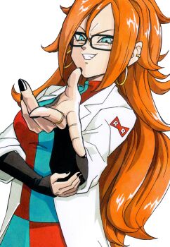 1girl absurdres android_21 blue_dress blue_eyes breasts brown_hair checkered_clothes checkered_dress coat commentary cowboy_shot dragon_ball dragon_ball_fighterz dress earrings english_commentary glasses highres hoop_earrings jewelry lab_coat long_hair medium_breasts parted_lips red_dress silverwoodwork simple_background smirk solo teeth two-tone_dress white_background white_coat