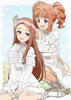 2girls :d aayh between_legs blue_eyes commentary_request dress flower flower_wreath forehead grey_shoes hand_between_legs head_wreath idolmaster idolmaster_(classic) long_hair long_sleeves minase_iori multiple_girls open_mouth pink_flower red_eyes shoes signature sitting sleeves_past_wrists smile socks squatting takatsuki_yayoi twintails very_long_hair wariza white_dress white_flower white_socks