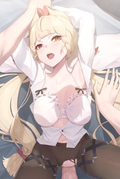 1boy 1girl absurdres alice_thymefield animal_ears black_pantyhose blonde_hair bra breasts commentary english_commentary gueya hetero heterochromia highres large_breasts long_hair lying navel on_back open_mouth pantyhose penis rabbit_ears rabbit_girl red_eyes sex shirt torn_clothes torn_pantyhose uncensored underwear vaginal very_long_hair white_bra white_shirt yellow_eyes zenless_zone_zero