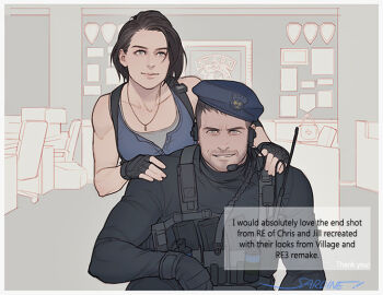 1boy 1girl artist_name beard_stubble beret black_gloves blue_eyes blue_hat chris_redfield facial_hair fingerless_gloves gloves hat headset jewelry jill_valentine necklace resident_evil resident_evil_3:_nemesis resident_evil_3_(remake) resident_evil_village sardine_(kjr0313) signature stubble