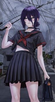 1girl absurdres bag_charm black_choker black_serafuku black_shirt black_skirt building chainsaw_man character_charm charm_(object) choker cosplay eruthu green_eyes hair_bun highres holding holding_umbrella neckerchief pleated_skirt pochita_(chainsaw_man) purple_hair red_neckerchief reze_(chainsaw_man) school_uniform serafuku shimizu_hinako shimizu_hinako_(cosplay) shirt silent_hill_(series) silent_hill_f skirt solo transparent transparent_umbrella umbrella urban
