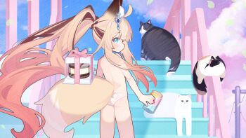 1girl ahoge animal_ears ass back bare_arms bare_shoulders blonde_hair blue_eyes blue_sky brown_hair cake cat cloud commentary cowboy_shot cp2980606 day falling_leaves floating_hair food fox_ears fox_girl fox_tail from_behind gradient_hair highres holding holding_jar jar lace lace_panties leaf legs_apart light_blush loli long_bangs long_hair long_sidelocks looking_at_viewer looking_back multicolored_hair orange_hair original outdoors panties pink_ribbon red_nails ribbon sidelocks sky solo stairs standing straight_hair untranslatable_commentary tail topless_female underwear very_long_hair very_long_sidelocks white_panties