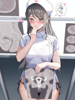 1girl absurdres black_panties blue_eyes blush bone braid breasts cameltoe cervix cross-section dress fallopian_tubes french_braid grey_hair heart highres holding kitazawa_(embers) long_hair looking_at_viewer medium_breasts nurse original ovaries panties pelvis short_dress short_sleeves side-tie_panties sidelocks skeleton solo speech_bubble spoken_squiggle squiggle standing underwear uterus white_dress x-ray_film