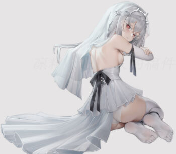 1girl absurdres albino anklet arm_rest ass back back_ribbon backless_dress backless_outfit bare_back bare_shoulders black_ribbon borrowed_character breasts bridal_gauntlets bridal_veil bride bright_pupils chinese_commentary closed_mouth colored_eyelashes commentary_request commission cross-laced_clothes cross-laced_dress crossed_arms crossed_bangs double-parted_bangs dress feet from_behind full_body grey_background high-low_dress highres jewelry layered_dress legs_folded light_blush light_smile lin_jingling long_hair looking_at_viewer looking_back median_furrow microdress multi-source_commentary no_bra no_shoes original panties pixiv_commission red_eyes revealing_clothes ribbon see-through_clothes see-through_panties see-through_veil sideboob silver_tiara simple_background sitting small_breasts soles solo straight_hair su_mingxi text_background thighhighs tiara toes translation_request underwear veil wedding_dress white_bridal_gauntlets white_eyelashes white_hair white_panties white_pupils white_thighhighs yokozuwari