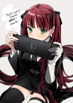 Rule 34 | 1girl, arcana famiglia, black necktie, black ribbon, black thighhighs, blurry, blush, commentary request, depth of field, felicita, gloves, green eyes, grey background, handheld game console, highres, holding, holding handheld game console, jacket, long hair, looking at viewer, miniskirt, necktie, nintendo switch 2, red hair, ribbon, sarachi yomi, sitting, skirt, solo, suit jacket, thighhighs, twintails, very long hair, wariza, white gloves