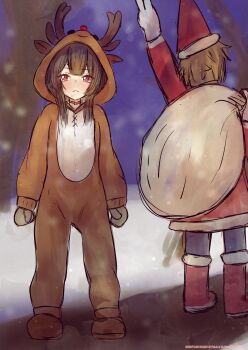 1boy 1girl :< absurdres animal_costume animal_ears animal_hood antlers arm_up artist_name black_pants blurry blurry_background boots brown_footwear brown_hair brown_mittens brown_pajamas carrying_over_shoulder character_name choker closed_mouth coat commentary cosplay dated deer_antlers deer_ears eyelashes facing_away fake_animal_ears fake_antlers fake_nose full_body fur-trimmed_boots fur-trimmed_coat fur-trimmed_headwear fur_trim gloves hair_over_shoulder hat highres holding holding_sack hood hood_up horns kigurumi kono_subarashii_sekai_ni_shukufuku_wo! light_frown long_sleeves looking_to_the_side megumin mittens mixed-language_commentary multilingual_commentary night numbered outdoors pajamas pants path pointy_hat purple_sky red_choker red_coat red_eyes red_footwear red_hat reindeer_antlers reindeer_costume road sack salute santa_boots santa_costume santa_hat satou_kazuma seikacopiyo short_hair short_hair_with_long_locks sidelocks sketch sky snow snowing standing translated tree twitter_username two-finger_salute white_gloves