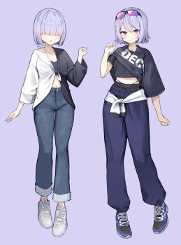 2girls :o :q bandeau black-framed_eyewear black_bandeau black_jacket black_shirt blue_pants blunt_bangs bullet_knights_executioner bullet_knights_exorcist closed_mouth clothes_around_waist commentary_request covered_eyes crop_top denim eyewear_on_head full_body hair_over_eyes highres isegawa_yasutaka jacket jeans long_sleeves looking_at_viewer megami_device midriff multicolored_jacket multiple_girls navel open_clothes open_jacket open_mouth pants purple_background purple_eyes purple_hair shirt shoes short_hair simple_background smile sneakers standing tied_jacket tongue tongue_out two-tone_jacket white_jacket white_shoes
