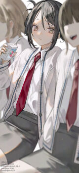 Rule 34 | 3girls, black hair, brown eyes, brown hair, cardigan, closed mouth, collared shirt, commentary, drink carton, drinking straw, english commentary, expressionless, grey skirt, hand up, highres, holding, holding milk carton, looking at viewer, milk carton, multiple girls, necktie, open cardigan, open clothes, original, oto1 030, red necktie, school uniform, shirt, shirt tucked in, short hair, sitting, skirt, solo focus, unbuttoned, white cardigan, white shirt, wing collar