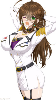 Rule 34 | 1girl, ahoge, arms behind head, black choker, blush, bra, braid, breast pocket, breasts, brown hair, chamumi (mochiumee), choker, cleavage, commentary request, earrings, epaulettes, female admiral (kancolle), garter belt, gloves, green eyes, hands up, highres, jacket, jewelry, kantai collection, large breasts, lipstick mark, long hair, military jacket, miniskirt, mole, mole on breast, mole on thigh, mole under mouth, one eye closed, open mouth, pencil skirt, pleated skirt, pocket, simple background, skirt, solo, stretching, thighhighs, underwear, white background, white gloves, white jacket, yawning