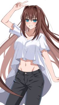 1girl aozaki_aoko black_pants blue_eyes blush breasts brown_hair collarbone commentary_request commission groin hair_intakes highres long_hair looking_at_viewer mahou_tsukai_no_yoru medium_breasts midriff navel pants shirt short_sleeves skeb_commission smile solo standing v very_long_hair weilaizuigao703 white_shirt