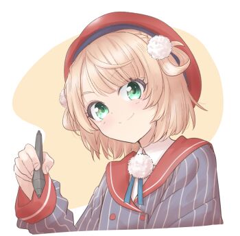 1girl beret blonde_hair blush braid brown_background closed_mouth commentary_request cropped_torso green_eyes grey_jacket hand_up hat holding holding_stylus indie_virtual_youtuber jacket long_sleeves looking_at_viewer naegi_(naegidokoro) red_hat shigure_ui_(vtuber) shigure_ui_(vtuber)_(1st_costume) shirt smile solo striped_clothes striped_jacket stylus two-tone_background upper_body vertical-striped_clothes vertical-striped_jacket virtual_youtuber white_background white_shirt