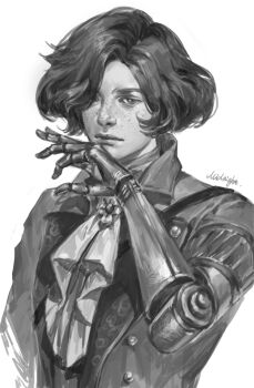 1boy ascot closed_mouth coat deadinmidnight freckles greyscale highres lies_of_p looking_at_viewer male_focus mechanical_arms monochrome pinocchio_(lies_of_p) prosthesis prosthetic_arm short_hair single_mechanical_arm solo upper_body white_background