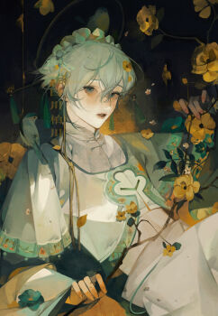 Rule 34 | 1boy, absurdres, baichuan baichuan, blue eyes, blue hair, branch, chinese clothes, crossed bangs, eyelashes, fingernails, flower, green headband, hair between eyes, hair flower, hair ornament, hair stick, headband, headdress, highres, holding, holding branch, lips, long sleeves, looking at viewer, makeup, male focus, mandarin collar, original, pale skin, parted lips, rouge (makeup), short hair, sidelocks, solo, tassel, yellow flower