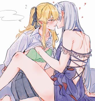 2girls arms_behind_back backless_dress backless_outfit bite_mark bite_mark_on_neck black_skirt bra clothes_lift commentary dogbrooo dress green_bra grey_hair heart hickey highres kakegurui momobami_ririka multiple_girls parted_lips pleated_skirt purple_eyes saotome_mary school_uniform shirt shirt_lift simple_background skirt twintails underwear white_background white_shirt yellow_eyes yuri