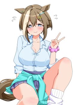 1girl absurdres alternate_costume animal_ears aqua_cardigan blue_eyes blue_skirt blush breasts brown_hair brown_tail cardigan cheval_grand_(umamusume) closed_mouth commentary_request flying_sweatdrops highres horse_ears horse_girl horse_tail knee_up large_breasts looking_at_viewer multicolored_hair pleated_skirt renny_(seraphyfether) short_hair short_hair_with_long_locks simple_background single_hair_intake sitting skirt sleeves_rolled_up smile socks solo streaked_hair tail thighs umamusume v white_background white_socks white_streaks