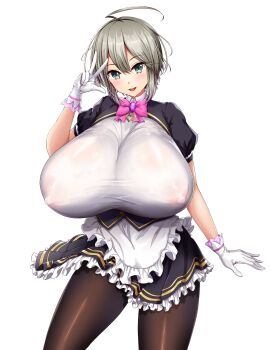 1girl ahoge alternate_costume belka_valentina black_legwear blush breasts btk covered_erect_nipples cowboy_shot frilled_gloves frilled_skirt frills gloves green_eyes hair_between_eyes highres honoo_no_haramase_oppai_ero_appli_gakuen huge_breasts jewelry looking_at_viewer neck_ribbon pantyhose pendant ribbon school_uniform short_hair short_sleeves silver_hair skirt solo transparent_background upper_body white_background white_gloves