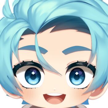 1boy aldoxito blue_eyes blue_hair chibi excited face_close-up indie_virtual_youtuber male male_focus smile white_background