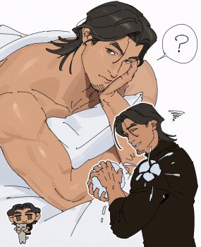 1boy ? animal bara beard_stubble black_hair brown_eyes brown_sweater cat chibi commentary facial_hair hand_on_own_cheek hand_on_own_face highres holding holding_animal holding_snowball hugging_object looking_at_viewer male_focus mature_male medium_hair muscular muscular_male nude original parted_bangs pillow pillow_hug sa1k0p simple_background snowball solo speech_bubble spoken_question_mark stubble sweater symbol-only_commentary thick_eyebrows under_covers upper_body white_background