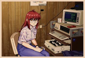 1girl black-framed_eyewear brown_eyes candy chair closed_mouth collared_shirt computer computer_keyboard denim donna_(jose_salot) food glasses indoors jeans jose_salot long_hair looking_at_viewer monitor original pants pocky printer red_hair shirt short_sleeves sitting solo twitter_username