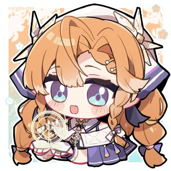 1girl aqua_background aqua_eyes border bow braid chibi chibi_only chinese_commentary commentary_request fingerless_gloves floral_background gloves gradient_background hair_bow hair_ornament hat highres hologram kyou_039 looking_at_viewer multiple_braids open_mouth orange_background orange_hair sigrika_(wuthering_waves) smile solo twitter_username white_border white_bow white_gloves white_hat wuthering_waves