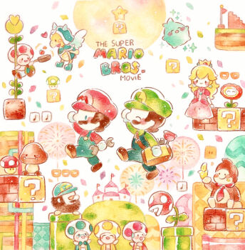 1girl 3boys colored_pencil_(medium) commentary_request copyright_name donkey_kong dress facial_hair fire_flower food foreman_spike fruit goomba highres holding holding_food holding_fruit holding_wrench koopa_paratroopa luigi luma_(mario) mario mario_(series) multiple_boys mustache nintendo overalls painting_(medium) pink_dress piranha_plant plunger princess_peach the_super_mario_bros._movie toad_(mario) traditional_media watercolor_(medium) wrench yukichi_0611