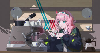 1girl absurdres black_jacket blunt_bangs chinese_commentary coffee_maker coffee_pot collared_shirt commentary_request cup darling_in_the_franxx elbow_on_table eyeliner green_eyes hairband highres holding holding_cup horns jacket kanghaha light_blush long_hair long_sleeves looking_afar open_mouth pink_hair pink_horns pink_nails plate red_eyeliner shirt smile smoke solo teeth two-sided_fabric two-sided_jacket upper_body white_hairband white_shirt zero_two_(darling_in_the_franxx)