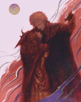 Rule 34 | 1boy, 1girl, aleksi remes, artist name, cape, charlotte elbourne, claws, closed eyes, commentary, couple, full moon, hair jewelry, highres, meier link, moon, plant print, pointy ears, red cape, vampire, vampire hunter d, vampire hunter d: bloodlust, white background