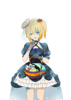 Rule 34 | 1girl, artist request, basket, blonde hair, blue eyes, bug, cowboy shot, dress, edna (tales), frankenstein's monster costume, game cg, gloves, halloween, halloween costume, holding, holding basket, looking at viewer, makeup, medium hair, official alternate costume, official art, open mouth, side ponytail, smile, solo, spider, tales of (series), tales of asteria, tales of zestiria, third-party source, transparent background