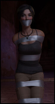 1girl 3d absurdres arms_behind_back bdsm bondage bound bound_arms bound_legs breasts brown_eyes brown_hair gag gagged highres improvised_gag jewelry lara_croft lord_kamski necklace tape tape_bondage tape_gag tomb_raider tomb_raider_(reboot)