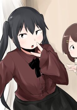 Rule 34 | 2girls, black hair, black shirt, brown hair, hair ornament, hairclip, hirasawa yui, k-on!, kirinama01, long sleeves, looking at viewer, multiple girls, nakano azusa, open mouth, shirt, short hair, twintails, v, wide sleeves