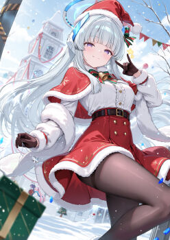 1girl absurdres bell black_gloves black_pantyhose blue_archive box breasts capelet christmas christmas_present christmas_tree commentary_request dasiu gift gift_box gloves halo hat highres koyuki_(blue_archive) large_breasts long_hair looking_at_viewer mechanical_halo neck_bell noa_(blue_archive) pantyhose pink_hair purple_eyes purple_hair red_capelet red_skirt santa_hat shirt skirt smile snowing solo_focus very_long_hair white_hair white_shirt winter yuuka_(blue_archive)