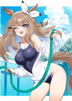 +_+ 1girl almond_eye_(umamusume) animal_ears bare_shoulders beatsheavens0735 blue_eyes blue_one-piece_swimsuit blue_sky blush bow bow_hairband braid braided_sidelocks breasts brown_hair cleavage cloud colored_inner_hair commentary_request hair_between_eyes hair_ornament hairband hairclip highres holding holding_hose horse_ears horse_girl horse_tail hose jacket ladder large_breasts long_hair looking_at_viewer multicolored_hair one-piece_swimsuit one_eye_closed open_clothes open_jacket open_mouth outdoors pool school_swimsuit sky smile solo swimsuit symbol-shaped_pupils tail umamusume water white_hairband white_jacket x-shaped_pupils