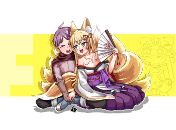 blonde_hair blush broken_bone chest_tattoo gnome_(mon-musu_quest!) green_eyes hair_ribbon hand_fan kitsune kyuubi luka_(mon-musu_quest!) mon-musu_quest! mon-musu_quest:_paradox multiple_tails orb purple_hair ribbon tail tamamo_(mon-musu_quest!) tattoo yinyinin
