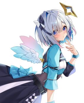 1girl amane_kanata angel_wings aqua_jacket aqua_wings asymmetrical_legwear asymmetrical_sleeves belt black_belt black_skirt blue_eyes blue_hair bob_cut bow c10h14n2 colored_inner_hair commentary_request feathered_wings grey_hair hair_between_eyes hair_bow hair_over_one_eye halo highres holding hololive hololive_idol_uniform_(color_rise) jacket mini_wings multicolored_hair official_alternate_costume pink_hair short_hair simple_background single_hair_intake skirt solo star_halo tilted_halo white_background wings