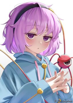 Rule 34 | 1girl, absurdres, adapted costume, alternate costume, black hairband, blue hoodie, blush, buttons, commentary request, hairband, heart button, highres, hood, hoodie, interlocked fingers, jitome, komeiji satori, looking at viewer, own hands together, pink hair, purple eyes, short hair, simple background, solo, soo kazahana, third eye, touhou, twitter username, upper body