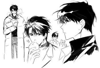 2boys bag black_hair coat collared_shirt dumpling eating food greyscale high_collar hinizana holding holding_bag holding_food kim_dokja korean_commentary korean_text monochrome multiple_boys multiple_views narrowed_eyes oldest_dream omniscient_reader&#039;s_viewpoint open_clothes open_coat shirt short_hair sound_effects translation_request yoo_joonghyuk