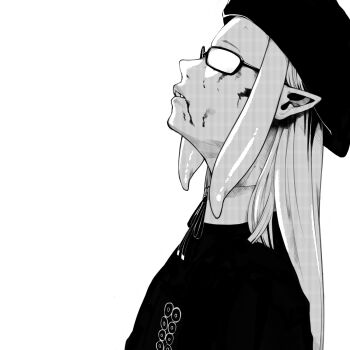 1girl beret blood blood_on_face collared_shirt derivative_work glasses greyscale hair_behind_ear hat highres hololive hololive_english kaneki_profile_picture_(meme) leaning_back comic_panel_redraw meme monochrome ninomae_ina'nis ninomae_ina'nis_(casual) parted_lips peachyp pointy_ears shirt solo tentacle_hair tokyo_ghoul tokyo_ghoul:re virtual_youtuber white_background