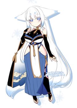 Rule 34 | 1girl, animal ears, blue eyes, breasts, bridal gauntlets, clothing cutout, elbow gloves, fingerless gloves, fox ears, fox girl, fox tail, gloves, hakama, hakama skirt, hip vent, japanese clothes, konshin, large breasts, leotard, leotard under clothes, long hair, looking at viewer, original, redrawn, revision, skirt, solo, tail, thighhighs, toeless legwear, white hair, wide hips