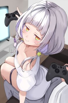1boy 1girl absurdres ahoge arched_bangs blush braid braided_twintails breasts bulge closed_mouth collarbone colored_inner_hair commentary_request controller couch downblouse erection erection_under_clothes from_above game_controller girl_on_top grey_hair grey_pants hair_ornament highres holding holding_controller holding_game_controller hololive indoors jitome living_room long_hair long_shirt looking_at_viewer looking_back looking_up low_twintails medium_breasts multicolored_hair murasaki_shion off-shoulder_shirt off_shoulder on_couch orange_eyes pants pov purple_hair shirt short_sleeves sidelocks sitting sitting_on_lap sitting_on_person smile smug star_(symbol) star_hair_ornament table television thigh_strap tonton_utaro triangle_hair_ornament turning_head twintails virtual_youtuber white_shirt