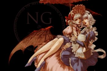 2girls alcohol apron basket bat_wings black_background blue_dress blue_shoes bonnet bottle bow braid carrying cork dress frilled_cuffs gem green_bow grey_bow grey_hair hair_bow hand_on_another&#039;s_arm high_heels holding holding_basket holding_umbrella izayoi_sakuya medium_hair multiple_girls nail_polish nazo_(mystery) parasol princess_carry puffy_sleeves red_bonnet red_eyes red_gemstone red_nails remilia_scarlet shoes short_hair side_braid simple_background touhou twin_braids umbrella white_apron wine wine_bottle wings wrist_cuffs