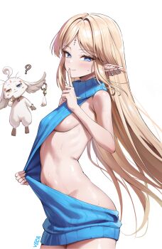 1girl ? abby_(wuthering_waves) alternate_costume artist_name bare_shoulders blonde_hair blue_eyes blue_pupils blush breasts cartethyia_(wuthering_waves) closed_mouth commentary_request cowboy_shot earrings finger_to_mouth from_side hand_up highres index_finger_raised jewelry korean_commentary long_hair long_pointy_ears looking_at_viewer looking_to_the_side medium_breasts multiple_earrings naughty_face navel parted_bangs pointy_ears shushing sidelocks simple_background smile stomach sweat tacet_mark_(wuthering_waves) veca very_long_hair virgin_killer_sweater white_background wuthering_waves