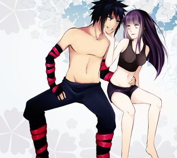 black_hair blue_eyes breasts groin highres hime_cut hyuuga_hinata lipstick long_hair makeup midriff naruto:_road_to_ninja naruto_(series) naruto_shippuuden purple_hair short_hair short_shorts shorts smile tank_top topless_male uzumaki_menma white_eyes