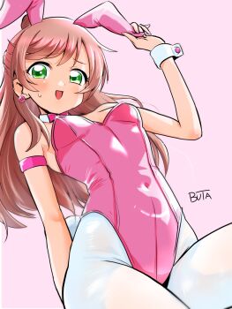 1girl animal_ears bare_shoulders bow breasts buta_obutu cleavage detached_collar earrings fake_animal_ears green_eyes hair_bow highres hirogaru_sky!_precure jewelry leotard long_hair looking_at_viewer nijigaoka_mashiro open_mouth pantyhose pink_background pink_hair pink_leotard playboy_bunny precure rabbit_ears signature smile strapless strapless_leotard white_pantyhose wrist_cuffs