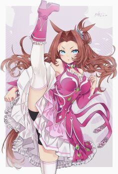 Rule 34 | absurdres, animal ears, artist name, axe kick, bike shorts, black shorts, blue eyes, boots, dated, detached sleeves, dress, high kick, highres, horse ears, horse girl, horse tail, idol clothes, kawakami princess (princess of pink) (umamusume), kawakami princess (umamusume), kicking, knee boots, long hair, orange hair, pink boots, pink dress, ryusei (ryusei b), short shorts, shorts, shorts under dress, signature, sleeveless, sleeveless dress, solo, split, standing, standing on one leg, standing split, tail, thighhighs, umamusume, white thighhighs