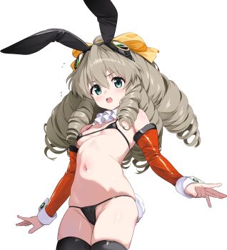 Rule 34 | 1girl, :o, absurdres, animal ears, areola slip, ascot, bikini, black thighhighs, blush, bow, breasts, brown hair, commentary request, cowboy shot, detached sleeves, drill hair, fake animal ears, fake tail, flying sweatdrops, goggles, goggles on head, green eyes, hair between eyes, hair bow, highres, legs together, long hair, looking at viewer, maria balthasar, micro bikini, navel, open mouth, outstretched arms, quad drills, rabbit ears, rabbit tail, red sleeves, simple background, small breasts, solo, standing, string bikini, swimsuit, tail, thighhighs, white ascot, white background, white wrist cuffs, wrist cuffs, xenogears, yellow bow, yokoyama kouji