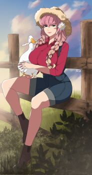 1girl alternate_costume animal aqua_eyes bird braid breasts crossover fire_emblem fire_emblem_heroes flower goose goose_(untitled_goose_game) gunnthra_(fire_emblem) hair_flower hair_ornament hat highres holding holding_animal holding_knife knife large_breasts lips looking_at_viewer low-braided_long_hair low-tied_long_hair nintendo pink_hair pink_lips r3dfive shorts sitting sitting_on_fence smile solo straw_hat suspender_shorts suspenders twin_braids untitled_goose_game