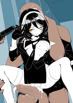 1girl 2boys absurdres black_bra black_dress black_hair black_necktie bra breasts censored clothed_female_nude_male commentary_request cum cum_overflow dress gun handgun highres holding holding_gun holding_weapon medium_breasts mosaic_censoring multiple_boys necktie nude orange_eyes original penis rape shirt short_hair spread_legs thighhighs underwear weapon white_shirt white_thighhighs yanagui_yugi
