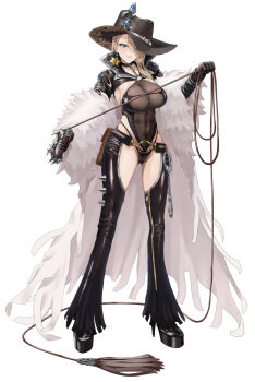 1girl alternate_costume black_choker black_gloves black_hat black_leotard black_pants black_shoes black_shrug blonde_hair blue_eyes breasts brown_dust_(series) brown_dust_2 cape chain chaps choker cleavage collarbone commentary covered_navel cowboy_hat cuffs full_body fur-trimmed_cape fur_trim gloves hair_between_eyes hair_over_one_eye handcuffs hat highres holding holding_whip holster irorong large_breasts leotard long_hair long_sleeves looking_at_viewer o-ring o-ring_top pants parted_lips see-through_cleavage see-through_clothes sheriff_badge shoes shrug_(clothing) simple_background skindentation smile solo standing tachi-e wedge_heels white_background white_cape wilhelmina_(brown_dust)