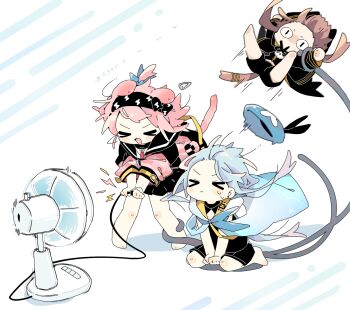 Rule 34 | > <, <|> <|>, 1boy, 2girls, animal ears, arknights, barefoot, black hairband, blue hair, blue hat, brown hair, brown hat, cat ears, cat girl, cat tail, closed eyes, closed mouth, commentary request, creator connection, electric fan, goldenglow (arknights), hairband, hat, highres, jacket, lightning bolt print, long sleeves, mizuki (arknights), multiple girls, naguru (cyoroama), open mouth, pepe (arknights), pink hair, pink jacket, slit pupils, tail